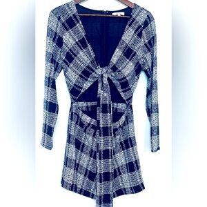 Lucy Paris Navy & White Checkered Romper szSmall Tie Front Cut Out Long Sleeve